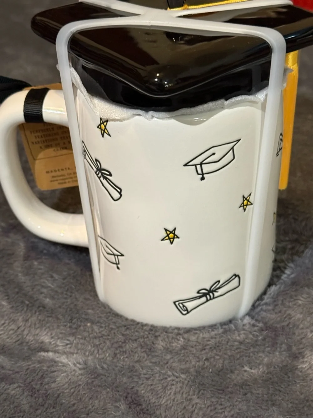 Rae Dunn white ceramic graduation mug with black cap lid and yellow tassel - Picture 2 of 7